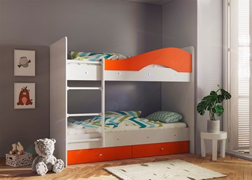 Кровать 2-ярусная Мая с 2 ящиками на щитах, корпус Млечный дуб, фасад Оранжевый в Чебоксарах