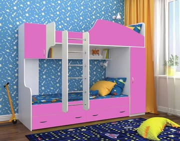 Детская кровать-шкаф Юниор-2, каркас Белое дерево, фасад Розовый в Чебоксарах