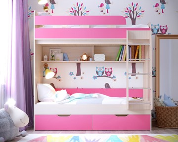 Детская 2-этажная кровать Ярофф Юниор-5, каркас Дуб, фасад Розовый в Чебоксарах