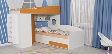 Кровать-чердак детская Кадет-2 с металлической лестницей, корпус Белое дерево, фасад Оранжевый в Чебоксарах
