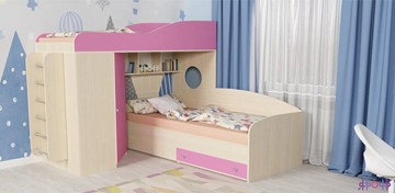 Детская кровать-шкаф Кадет-2 с металлической лестницей, корпус Дуб, фасад Розовый в Чебоксарах