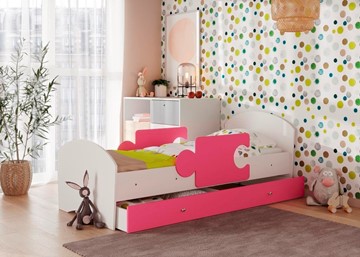 Кровать детская с ящиком и бортиками Мозайка, корпус Белый/фасад Розовый (ламели) в Чебоксарах
