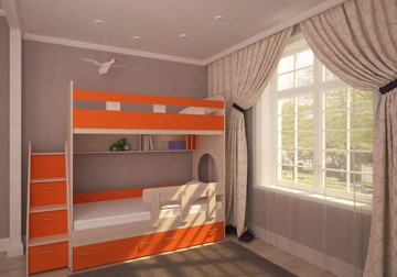 Детская двухъярусная кровать Ярофф Юниор-1 с бортом, каркас Дуб, фасад Оранжевый в Чебоксарах