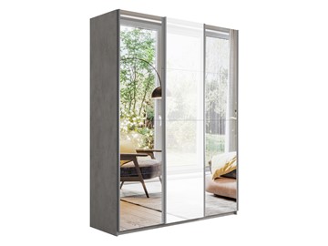 Шкаф 3-дверный Широкий Прайм (2 Зеркала / Стекло белое) 2400x570x2300, Бетон в Чебоксарах