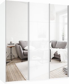 Шкаф 3-х дверный Прайм (Зеркало/Белое стекло/Зеркало) 1800x570x2300, белый снег в Чебоксарах