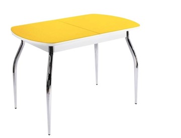 Кухонный стол ПГ-04 СТ2, белое/желтое стекло/35 хром гнутые металл в Чебоксарах