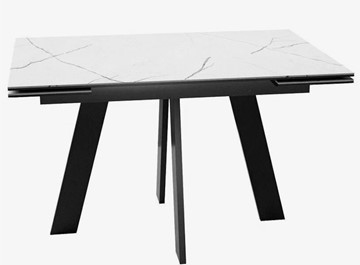 Стеклянный кухонный стол раздвижной DikLine SFM120 Стекло Белый мрамор САТИН/подстолье черное/опоры черные в Чебоксарах