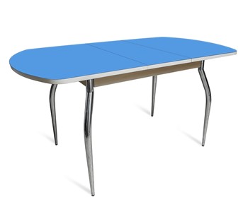 Стеклянный кухонный стол ПГ-01 СТ2, дуб молочный/синие стекло/35 хром гнутые металл в Чебоксарах