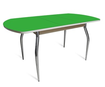 Обеденный раздвижной стол ПГ мини СТ2, дуб молочный/зеленое стекло/35 хром гнутые металл в Чебоксарах