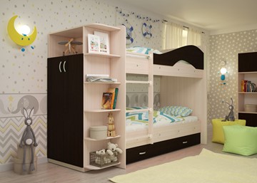 Детская двухъярусная кровать Мая на щитах со шкафом и ящиками, корпус Млечный дуб, фасад Венге в Чебоксарах - предосмотр