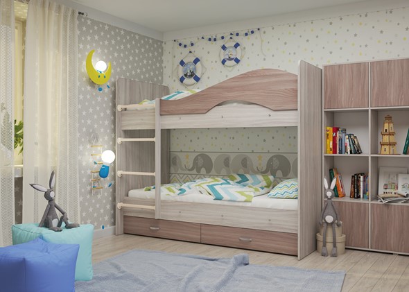 Детская 2-х ярусная кровать Мая с 2 ящиками на щитах, корпус Шимо светлый, фасад Шимо темный в Чебоксарах - изображение
