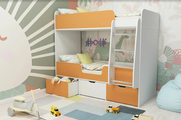 Детская 2-этажная кровать Малыш двойняшка 70х160, корпус Белое дерево, фасад Оранжевый в Чебоксарах