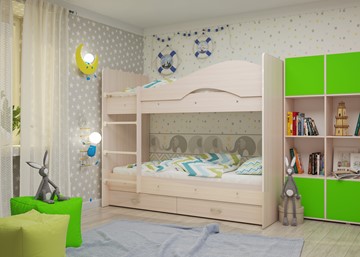Детская 2-х ярусная кровать Мая на щитах со шкафом и ящиками, цвет Млечный дуб в Чебоксарах - предосмотр 1