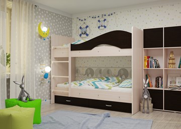 Детская двухъярусная кровать Мая на щитах со шкафом и ящиками, корпус Млечный дуб, фасад Венге в Чебоксарах - предосмотр 1