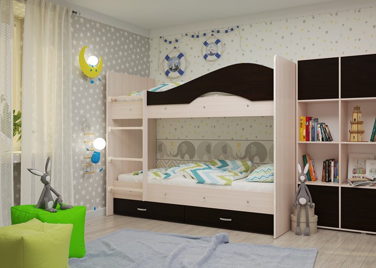 Детская двухъярусная кровать Мая на щитах со шкафом и ящиками, корпус Млечный дуб, фасад Венге в Чебоксарах - изображение 1