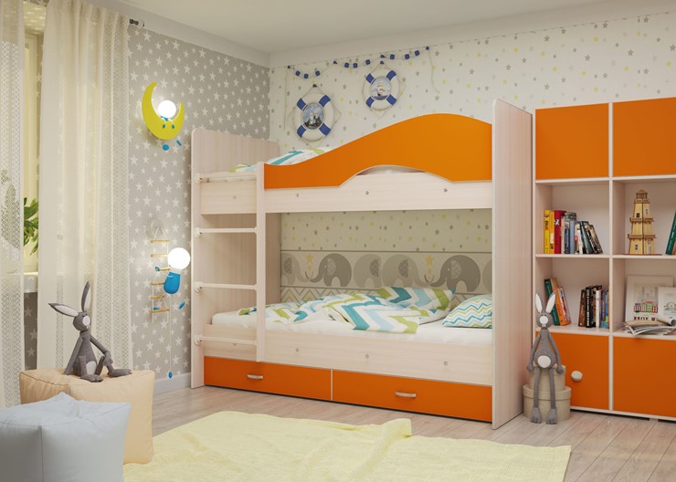 Кровать 2-ярусная Мая с 2 ящиками на щитах, корпус Млечный дуб, фасад Оранжевый в Чебоксарах - изображение 3