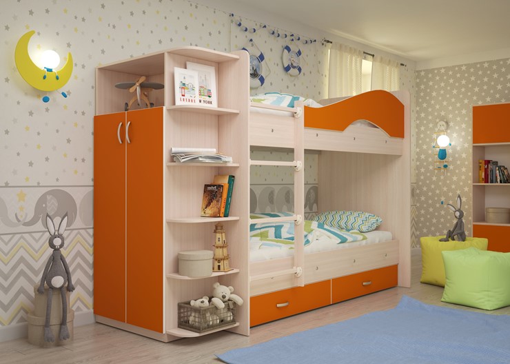 Кровать 2-ярусная Мая с 2 ящиками на щитах, корпус Млечный дуб, фасад Оранжевый в Чебоксарах - изображение 1