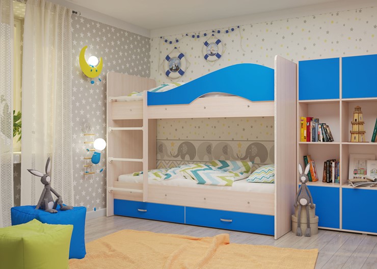 Кровать двухъярусная Мая с 2 ящиками на щитах, корпус Млечный дуб, фасад Синий в Чебоксарах - изображение 3