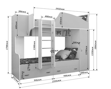 Двухэтажная детская кровать Юниор-2, каркас Белое дерево, фасад Лайм в Чебоксарах - предосмотр 1