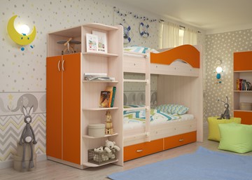 Двухэтажная детская кровать Мая на щитах со шкафом и ящиками, корпус Млечный дуб, фасад Оранжевый в Чебоксарах