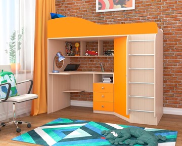 Кровать-чердак детская Кадет-1 с металлической лестницей, корпус Дуб, фасад Оранжевый в Чебоксарах