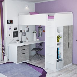Детская кровать с письменным столом и шкафом POLINI Kids Simple Белый / Бетон в Чебоксарах - предосмотр 1