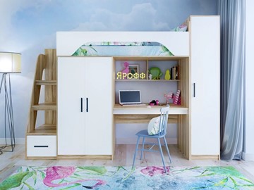 Детская кровать-чердак с шкафом Тея, каркас Ясень, фасад Белый в Чебоксарах - предосмотр