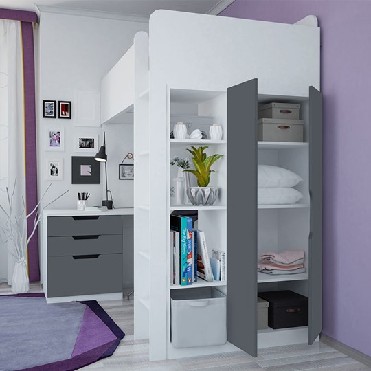 Кровать 2-х ярусная с письменным столом и шкафом POLINI Kids Simple Белый / Серый в Чебоксарах - изображение 1