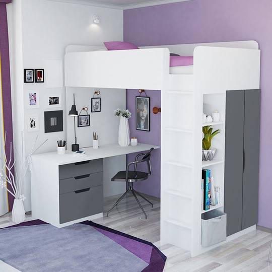 Кровать 2-х ярусная с письменным столом и шкафом POLINI Kids Simple Белый / Серый в Чебоксарах - изображение 3