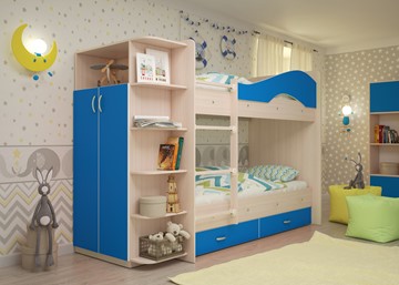 Детская двухэтажная кровать Мая на щитах со шкафом и ящиками, корпус Млечный дуб, фасад Синий в Чебоксарах