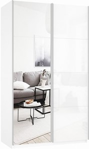 Шкаф Прайм (Зеркало/Белое стекло) 1400x570x2300, белый снег в Чебоксарах