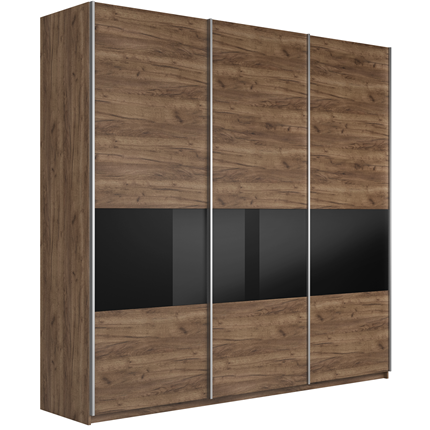 Шкаф 3-створчатый Широкий Прайм (ДСП / Черное стекло) 2400x570x2300, Крафт Табачный в Чебоксарах - изображение