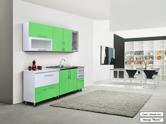 Кухонный гарнитур Мыло 224 2000х718, цвет Салат/Белый металлик в Чебоксарах - изображение