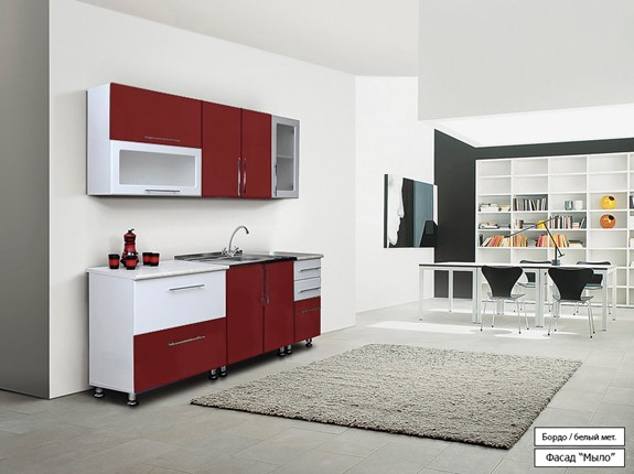 Гарнитур на кухню Мыло 224 2000х718, цвет Бордо/Белый металлик в Чебоксарах - изображение