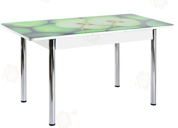 Кухонный стол раскладной Айсберг-02 СТФ, белое лдсп/зеленые яблоки/ноги хром прямые в Чебоксарах