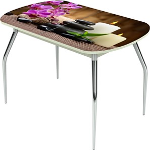 Кухонный стол раскладной Ривьера исп.2 ноги метал. крашеные №24 Фотопечать (Цветы №18) в Чебоксарах