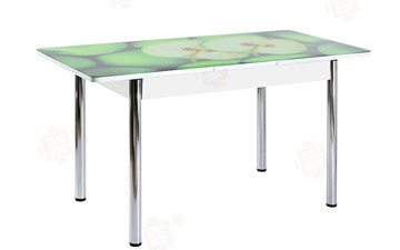 Кухонный раздвижной стол Айсберг-01 СТФ, белый/фотопечать зеленые яблоки/ноги хром круглые в Чебоксарах