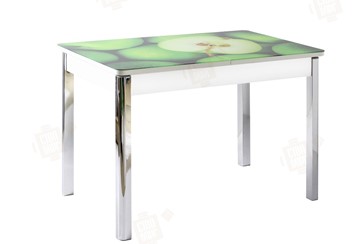 Кухонный раскладной стол Айсберг-01 СТФ, белый/фотопечать зеленые яблоки/ноги хром квадратные в Чебоксарах