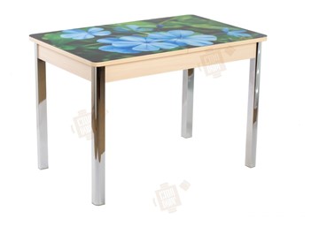 Кухонный стол раскладной Айсберг-01 СТФ, дуб/фотопечать фиалка/ноги хром квадратные в Чебоксарах
