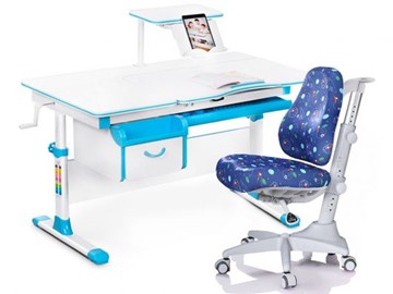 Комплект растущая парта + стул Mealux Mealux EVO Evo-40 BL (арт. Evo-40 BL + Y-528 F) / (стол+полка+кресло) / белая столешница / цвет пластика голубой в Чебоксарах