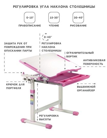Парта регулируемая SET Holto-2 розовый в Чебоксарах - изображение 6
